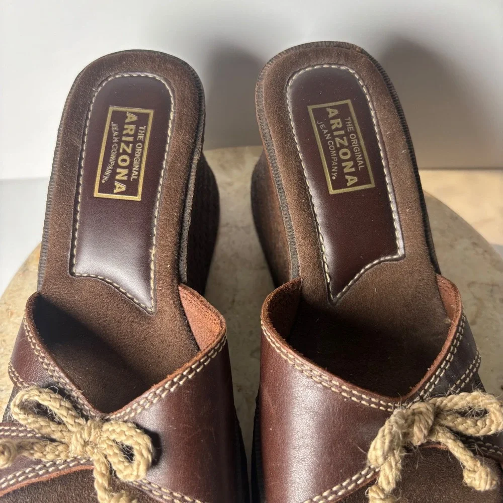 VTG Arizona Jean Co Platform Wedge Sandals 9M Brown Leather Rope Bow Y2K Bratz
